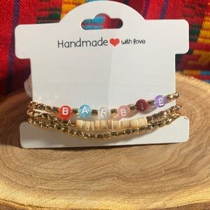 Handmade Barbie Gold and Multicolor Beaded Bracelet Set Elastic Stretch 6.5